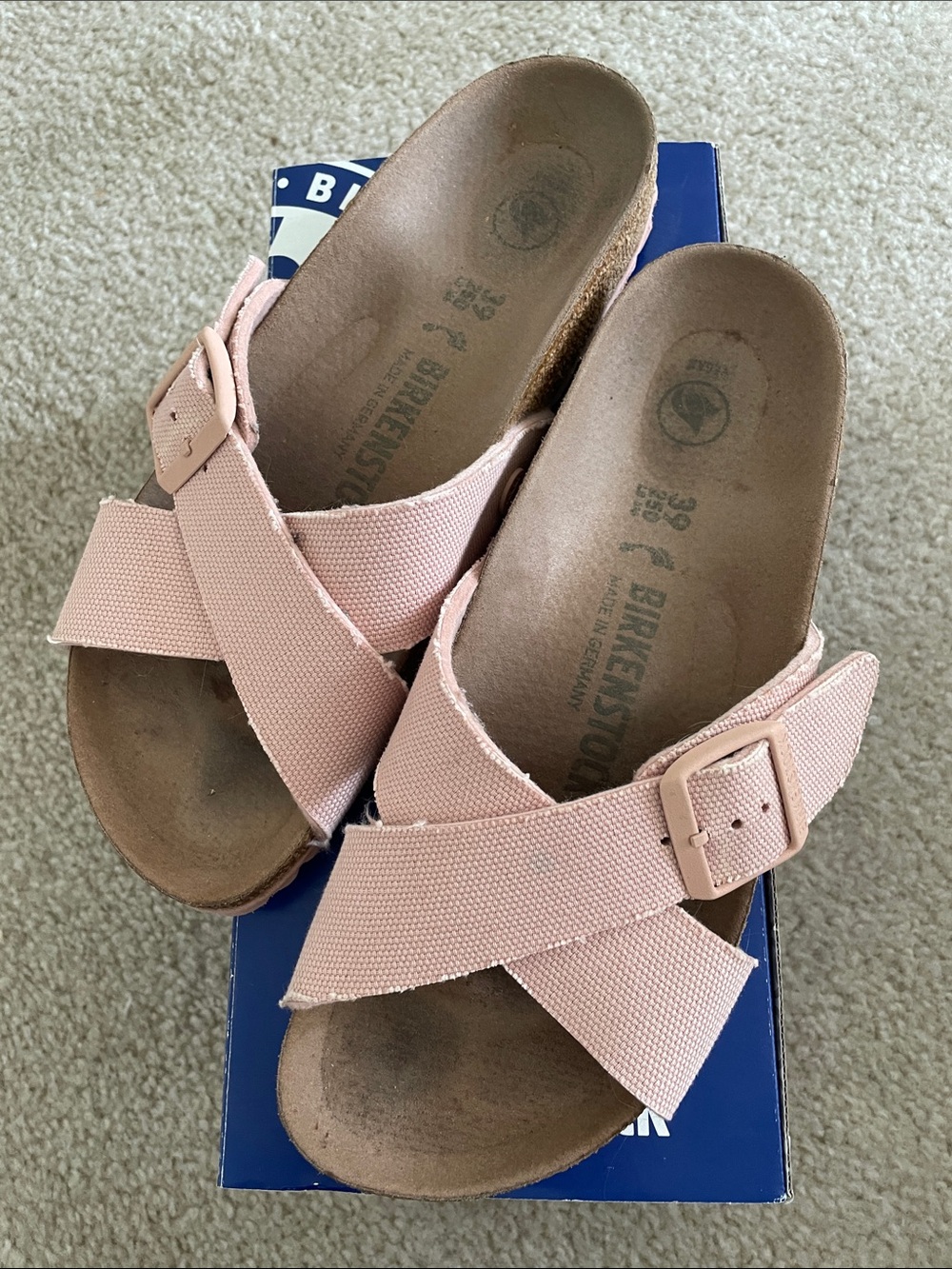 Birkenstock Women's soft pink vegan textile Cross-Strap Slide Sandals size 39